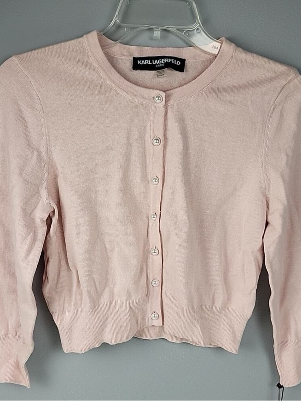 Karl‎ Lagerfeld Paris Cardigan Baby Pink Pearl Button Sweater Shortie